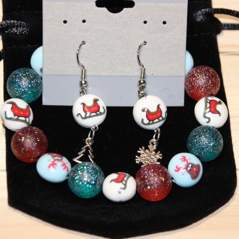 Christmas Rudolph the reindeer and Santa sleigh bracelet and earrings set
